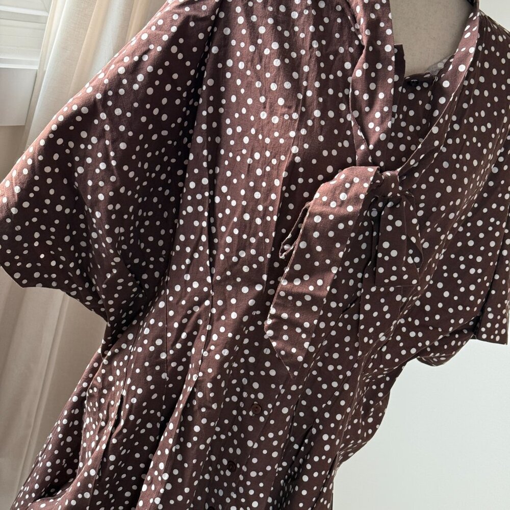 Anthropologie The Tobie Mini Shirt Dress Tie Neck Edition in brown polka dot 2X - Picture 4 of 9